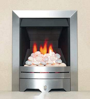 Gas fire within modern fireplace.