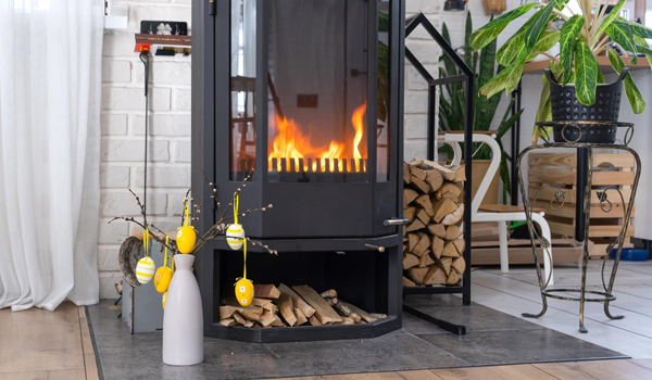Gas fire within modern fireplace.